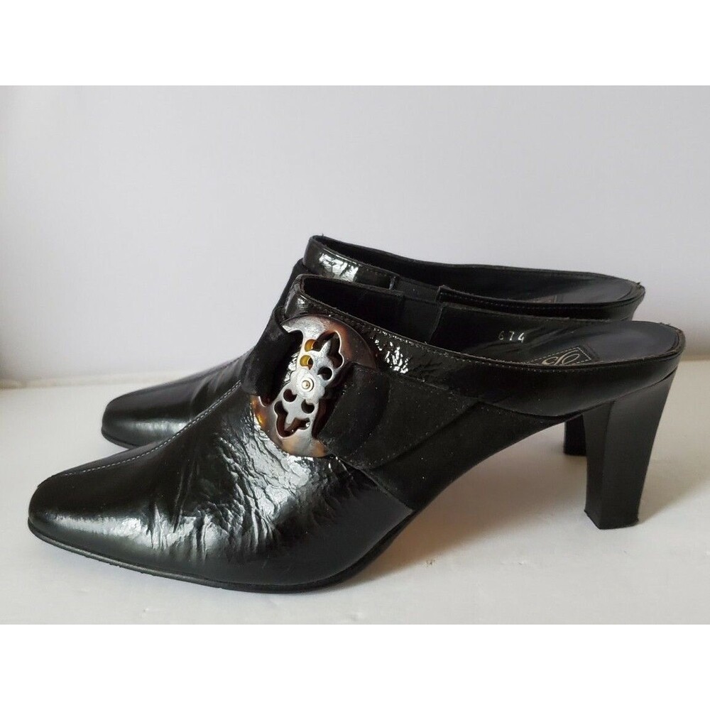 Brighton Rococo Black Patent Leather Slip On Mules Heels Shoes Size 7.5 M Italy